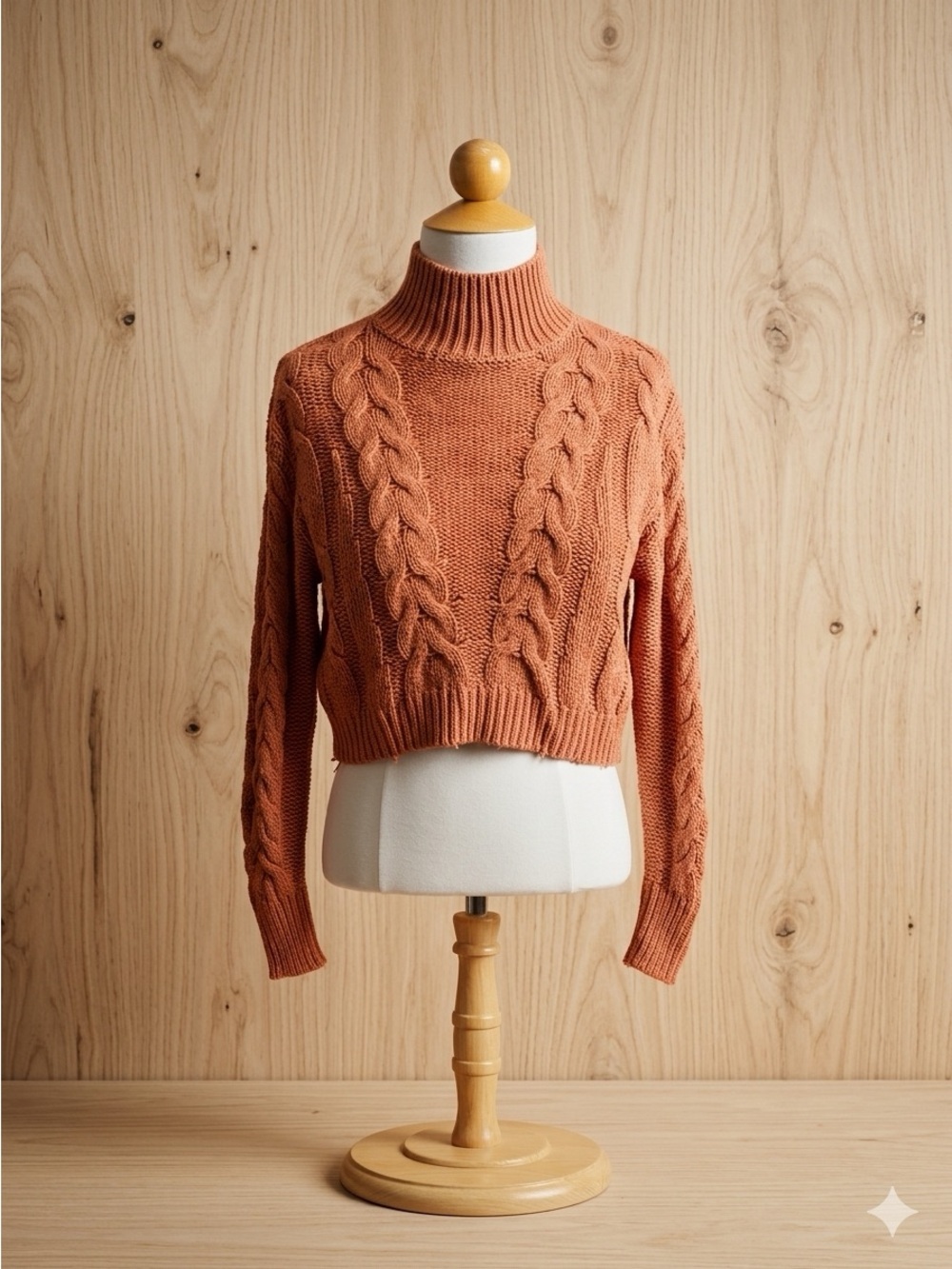 Cable-Knit Turtleneck Crop Sweater - Rust